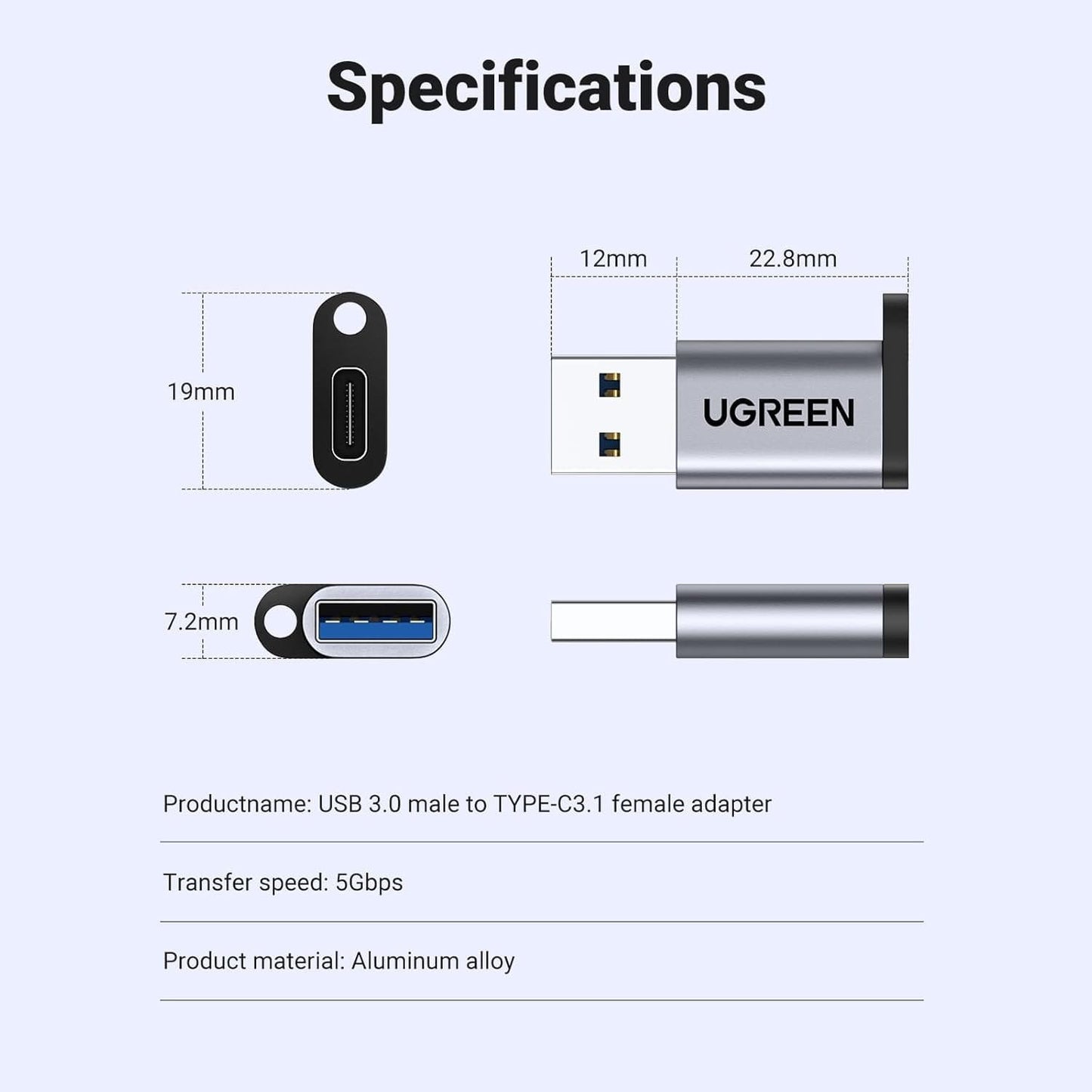 UGREEN 10Gbps USB A Male to USB C Female to USB Male Adapter- Gray