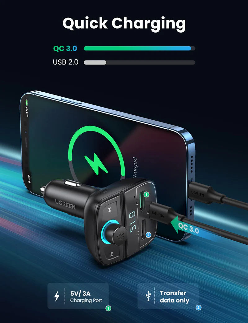 UGREEN Car Bluetooth Adapter - Bluetooth FM Transmitter for Car PD/QC 3.0 Car Charger CD229 80910