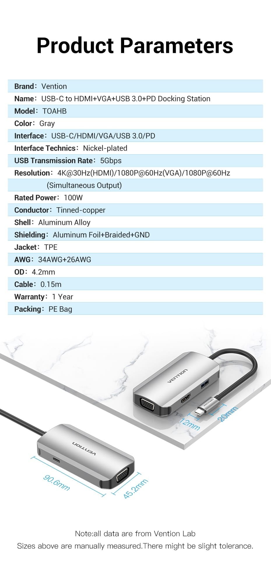 Vention TOAHB USB C (4 in 1) To HDMI/VGA/USB3.0/ Docking Station