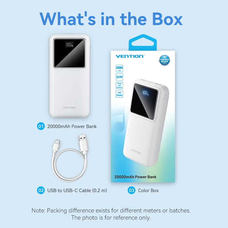 Vention 20000mAh Power Bank (Micro-USB + USB-C + USB-A + USB-A) 22.5W White-FHLB0