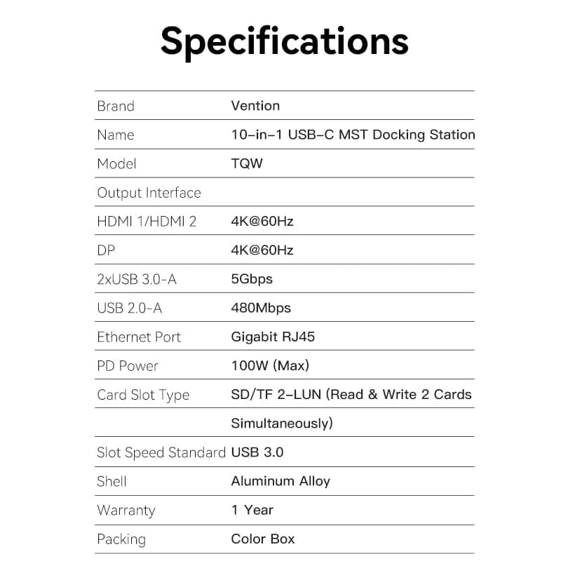 Vention USB-C 10 In 1 Docking Station With 2 HDMI Ports-TQWHB