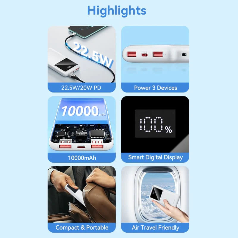 Vention 10000mAh Power Bank (Micro-USB + USB-C + USB-A + USB-A) 22.5W Black LED Display Type