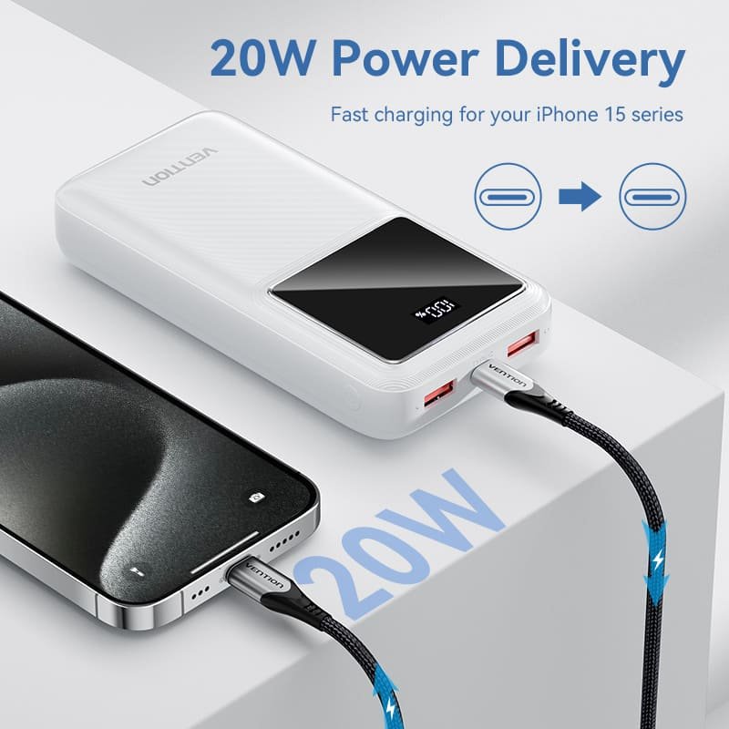 Vention 20000mAh Power Bank (Micro-USB + USB-C + USB-A + USB-A) 22.5W White-FHLB0