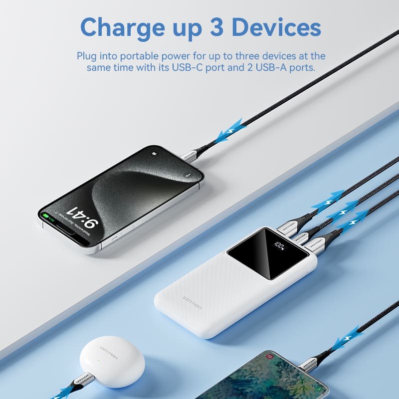 Vention 10000mAh Power Bank (Micro-USB + USB-C + USB-A + USB-A) 22.5W Black LED Display Type