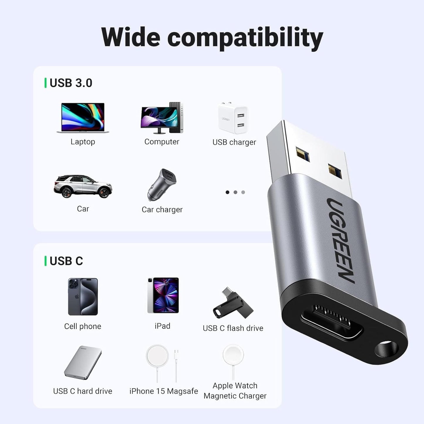 UGREEN 10Gbps USB A Male to USB C Female to USB Male Adapter- Gray