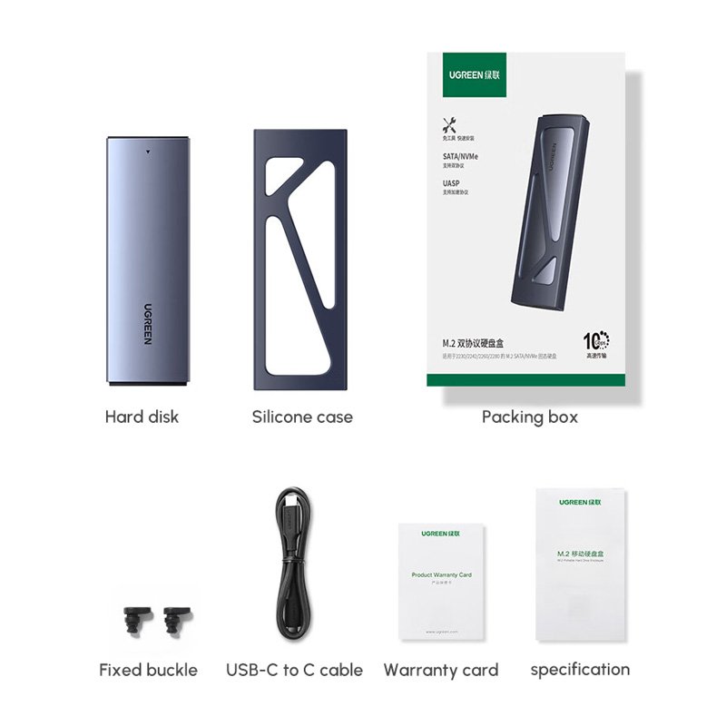 UGREEN 10Gbps M.2 NVMe Enclosure Dual Protocol SSD Enclosure Aluminum M.2 Enclosure Support M.2 NVMe/SATA SSD