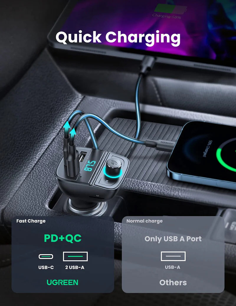 UGREEN Car Bluetooth Adapter - Bluetooth FM Transmitter for Car PD/QC 3.0 Car Charger CD229 80910